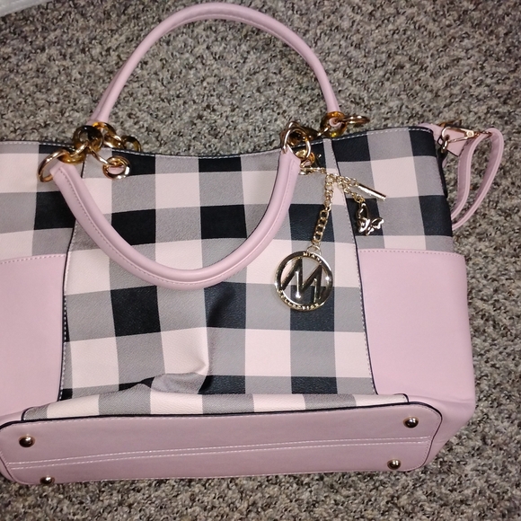 MKF Collection Mia K Stylish Pink and Black Checkered Handbag WITH Wallet Clutch - Picture 1 of 4